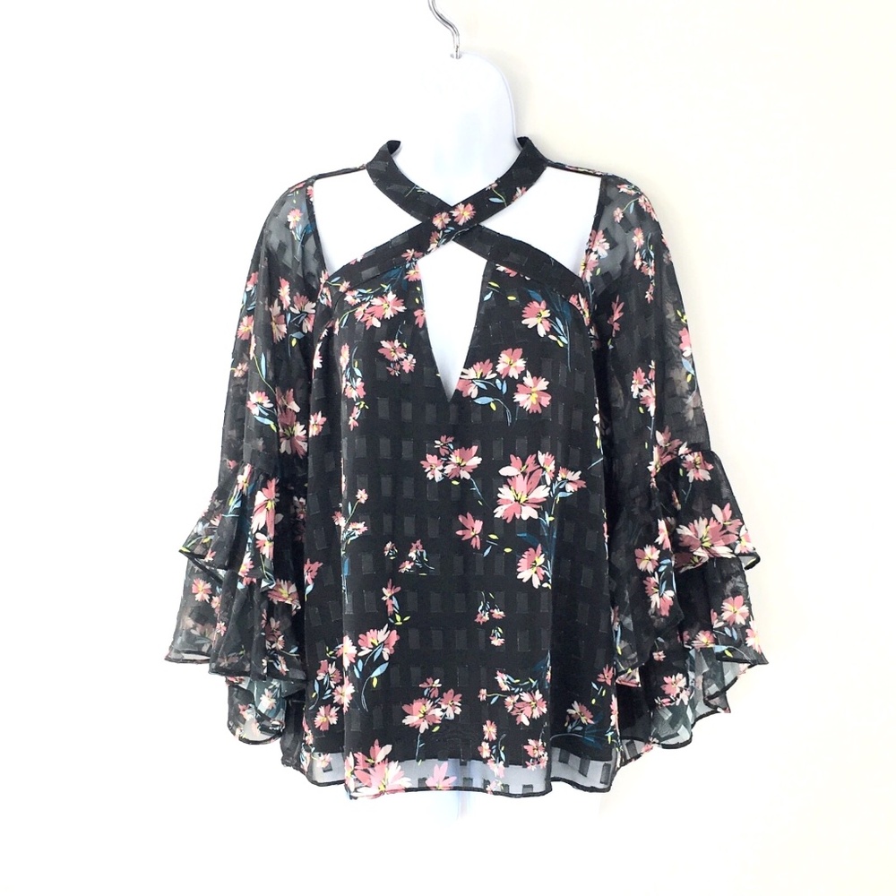 Devlin Womens Blouse Sheer Floral Ruffles Cut Out Black Feminine Top Sz M